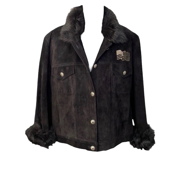 CHAR vintage woman’s black suede jacket Lady Liberty & Flag, fur, 8, EUC - Picture 9 of 12